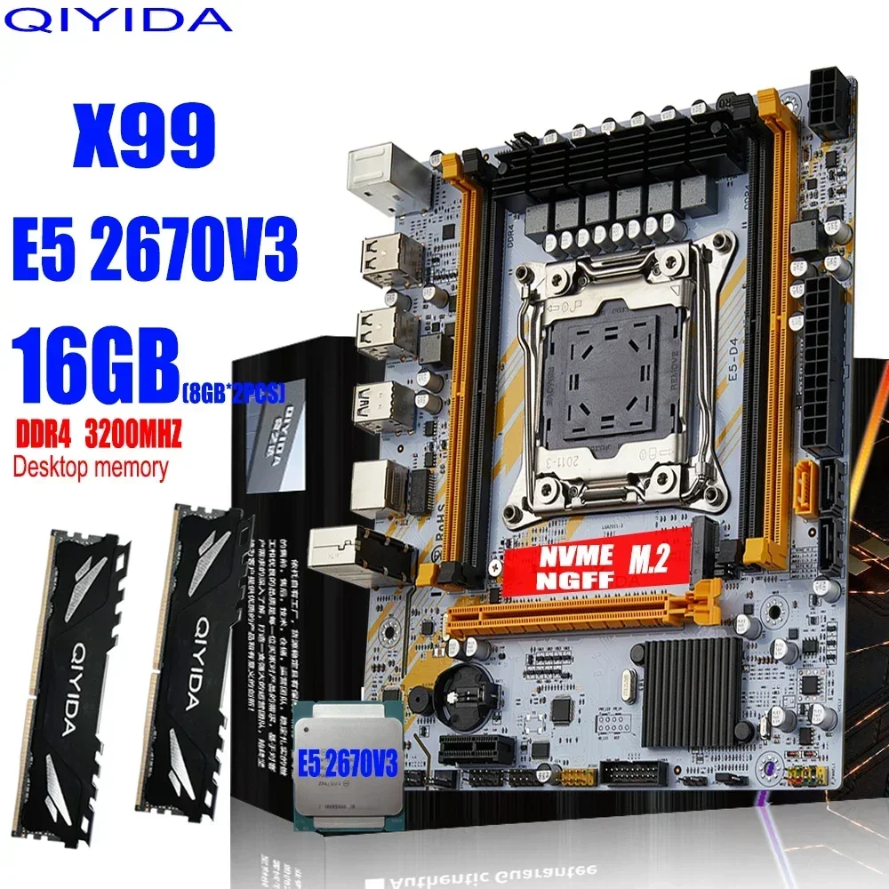 QIYIDA X99 Motherboard Set Kit With LGA2011-3 Xeon E5 2670 V3 CPU (2*8GB) 16GB 3200MHZ DDR4 Desktop memory M-ATX NVME M.2 E5D4