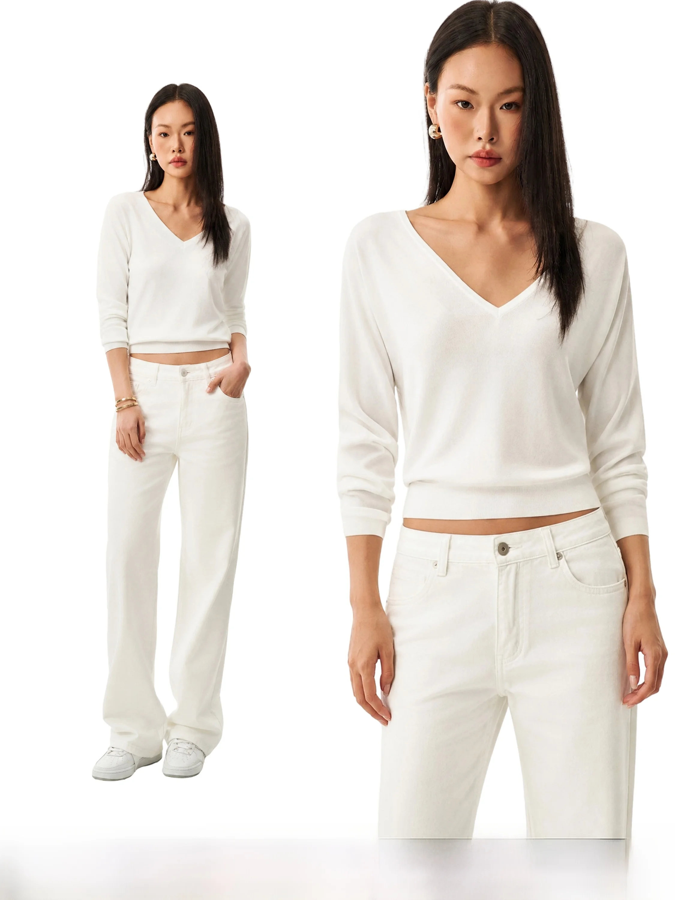 GoGo Burn Women's Wool V-Neck Long Sleeve T-Shirt Slim Fit Casual Style Autumn New Pure Desire Waist-Cinching Top