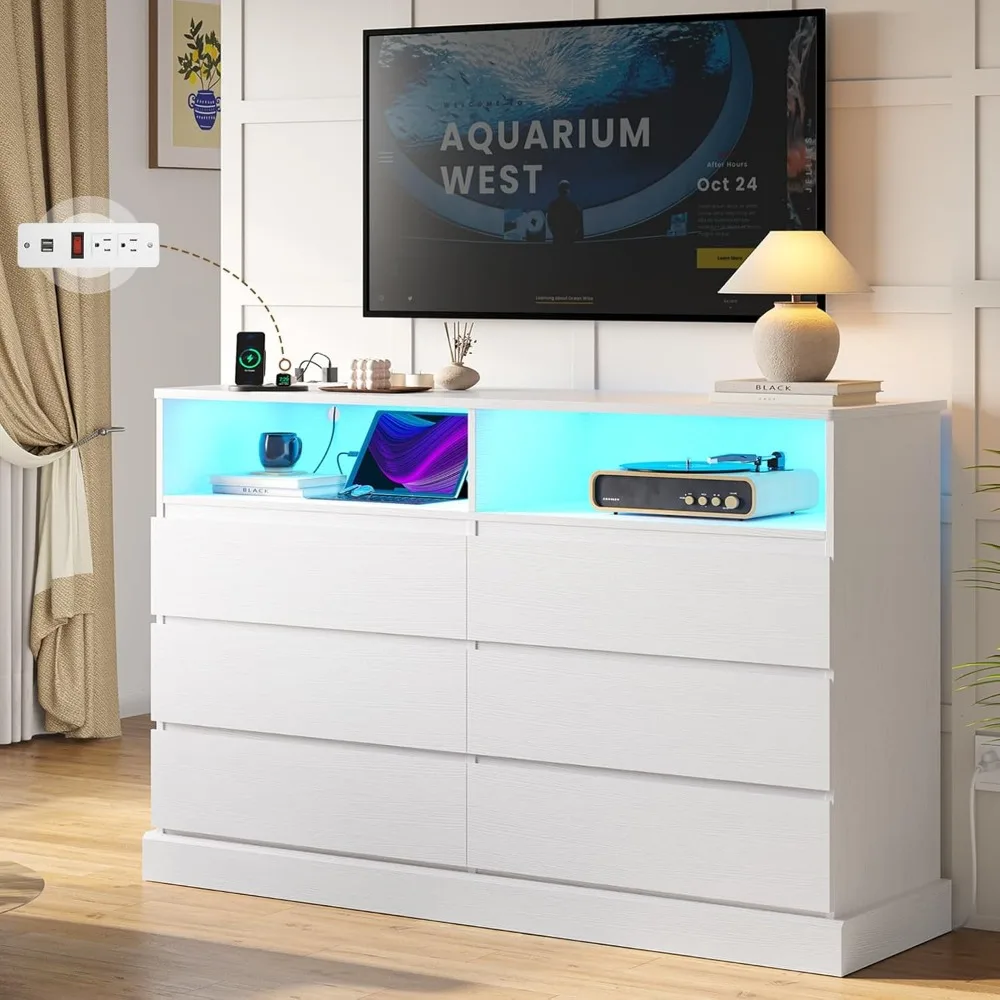 Dresser for Bedroom with LED Lights and Charging Station, 51.2