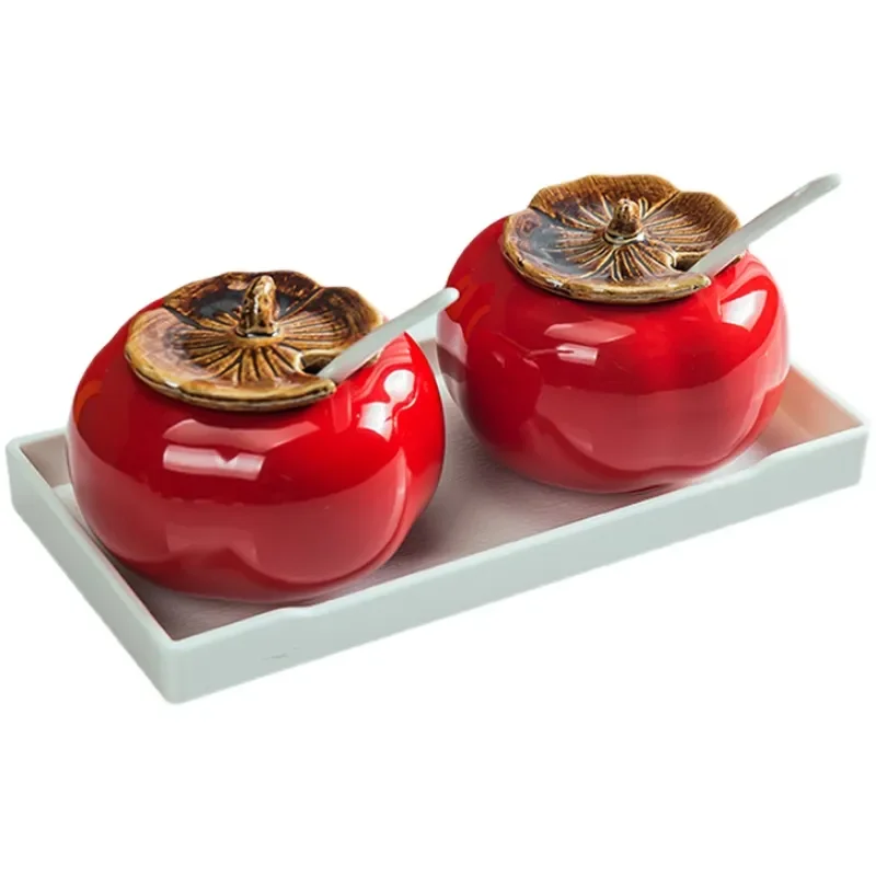 

200-400ml Oil Jar With Tray Kit Ceramic Seasoning Spice Set Salt Storage Kitchen Lid Spoon Spiciness Porcelain