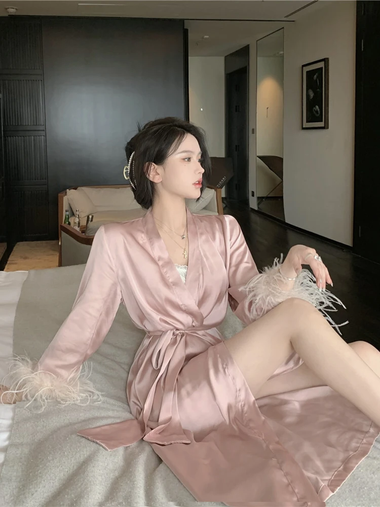 ReddaChic Pink Silk Ostrich Feather Trim Bath Robe Women Long Sleeves Bandage Midi Long Wedding Bride Bridesmaid Robe Pajama