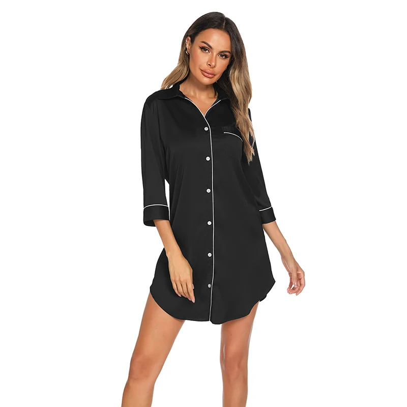 Shirt Nightgown Gown Womens Lounge Nightdress V-Neck Pajamas Turn-down Collar Nighties Nighty Robe Female Silky Sleepwear Dress