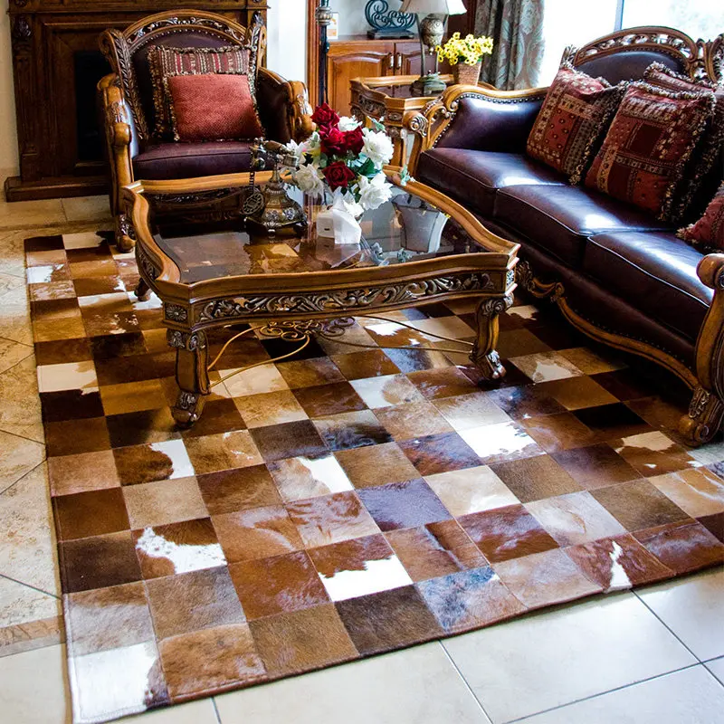 Living room cowhide carpet retro American floor mat high-end medieval home improvement leather light luxury fur soft decoration
