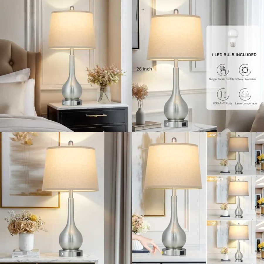 

26" Silver Table Lamp for Living Room Single, Touch Control Bedside Lamp with USB Charging Ports, 3-Way Dimmable Brushed Nickel