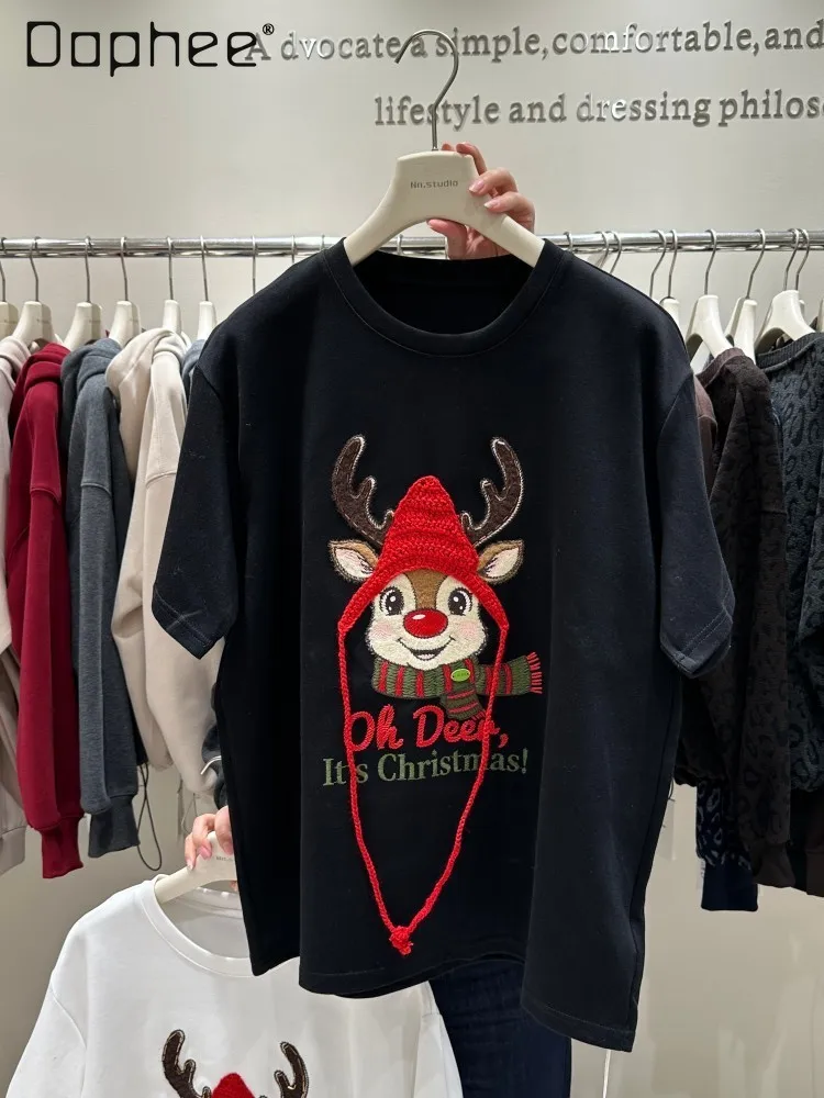 

Oversized Half Sleeve Top Heavy Craft Design Christmas Scarf Deer Double-Sided Cotton Mid-Length Short Sleeve T-Shirt for Women
