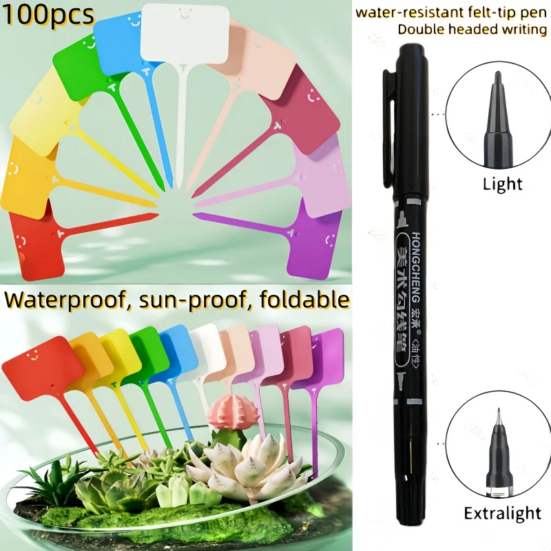 100pcs T-Shaped Colorful Garden Plant Labels, Reusable with Permanent Marker, Durable Plastic Waterproof Seed Name Tags