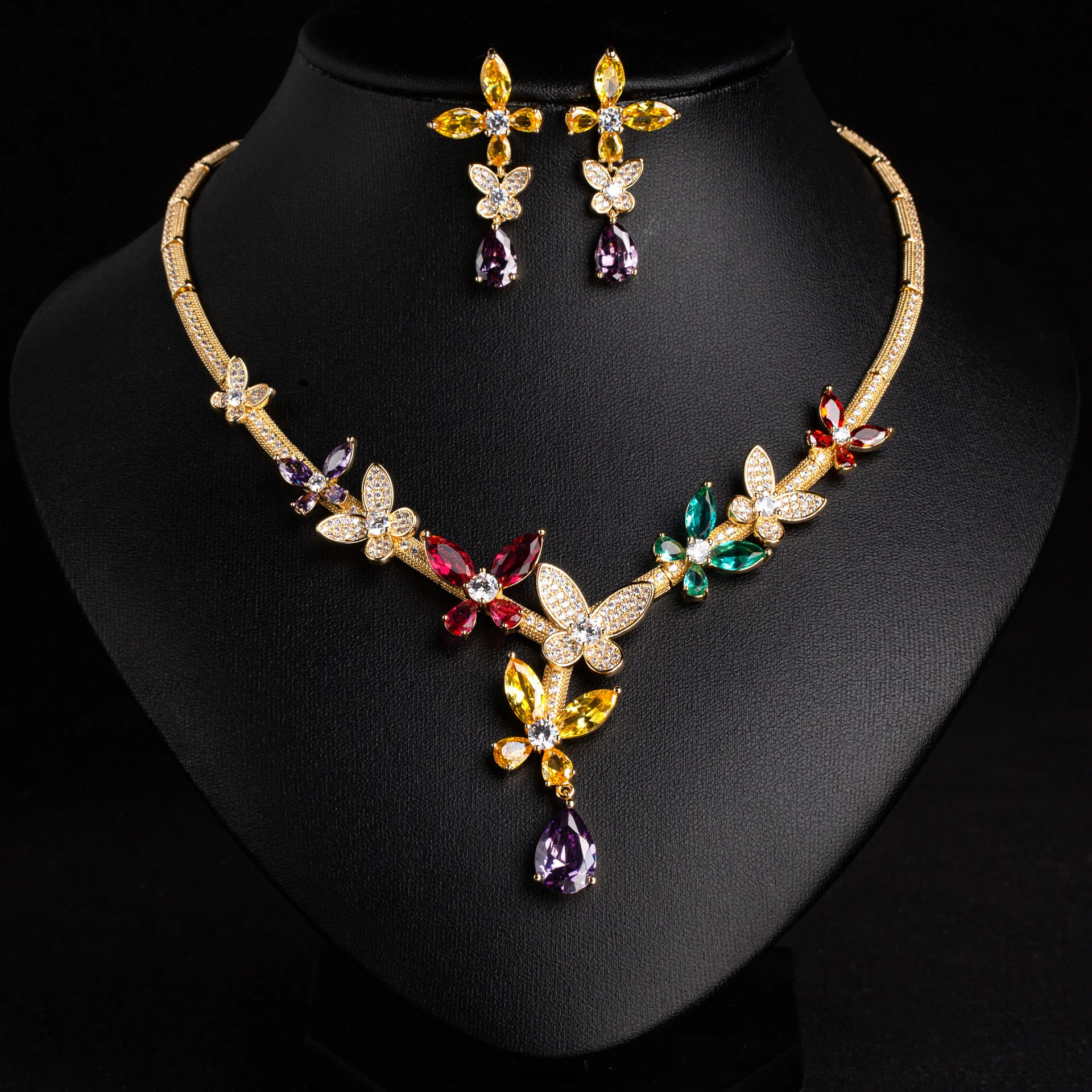 

Women Colored Zircon Flower Earring and Necklace Set 2026