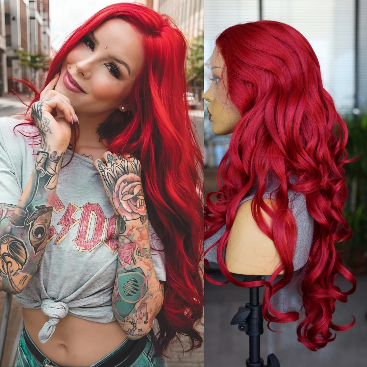 Red Synthetic Long Wave Fashion Wig Natural Hallline Front Lace Mesh Cap Breathable Lightweight Wigs Party Cosplay Women's Wig