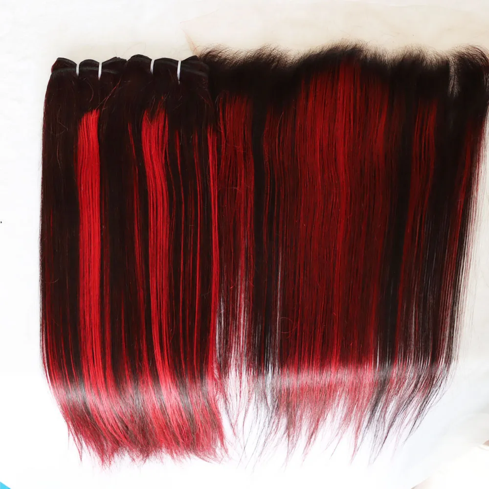 الجملة عذراء الشعر البشري النسيج حزم مع الدانتيل الشفاف إغلاق أمامي أومبير البيانو اللون تسليط الضوء على 1B بورغ لحمة حمراء