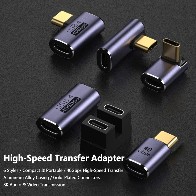 Type-C Revolving Type-C Female Adapter 40GB Solid Elbow USB 4.0 PD 100W 8K 60Hz Charger Connector for Macbook U-Shape PD100W