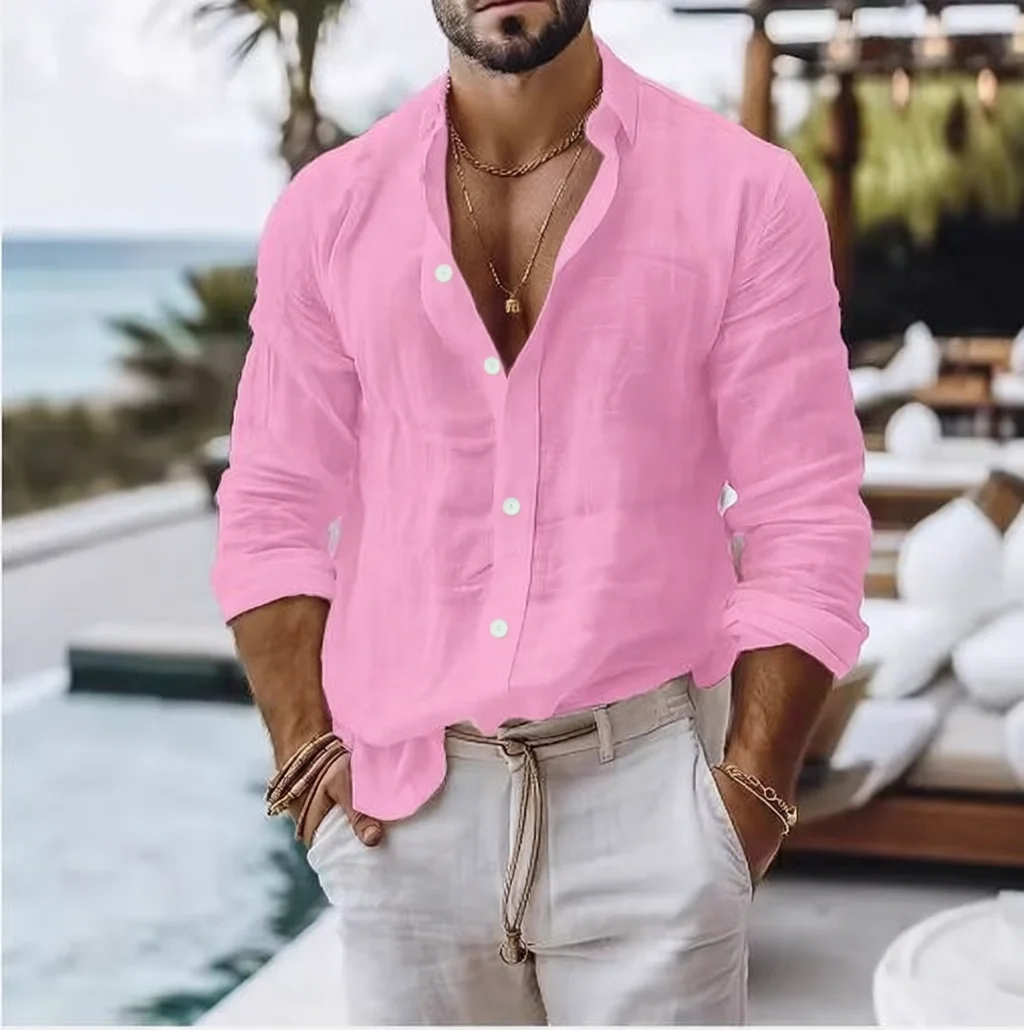 Cotton Shirt for Men Summer Beach Style Solid Color Single Breasted Breathable Shirts Lightweight Stylish Button Tops