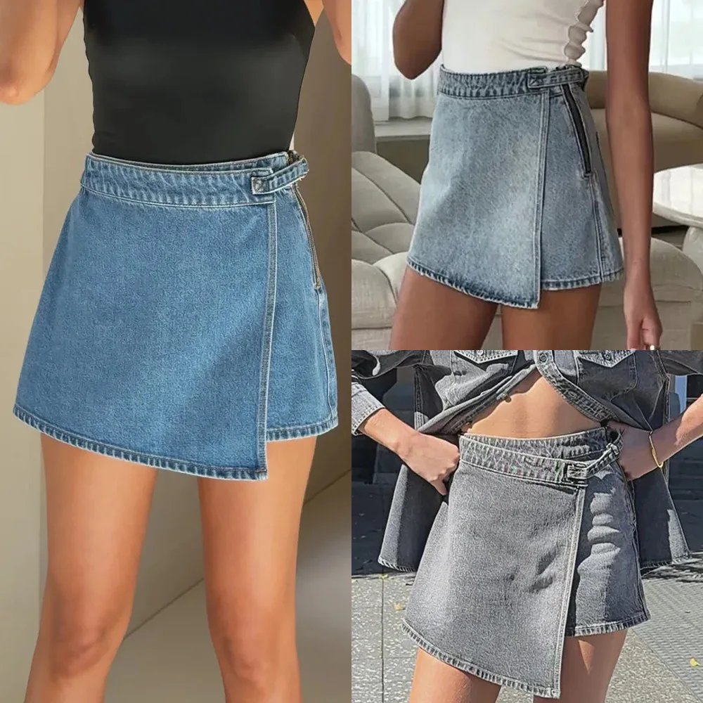 Side Zipper Irregular Denim Skirt Pants High Waist Slim Fit Skort Jumpsuit Playsuit Spring Summer