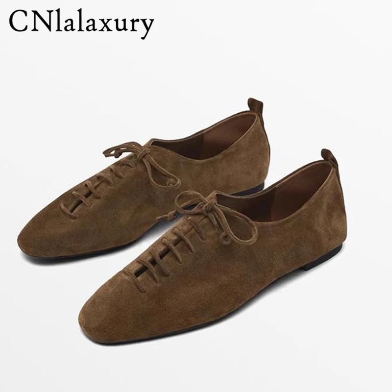 Luxury Suede Leather Flats Shoes For Women Genuine Leather Shoes Casual Loafers Lace-up Vintage Single Shoe Lady Zapatos Mujer