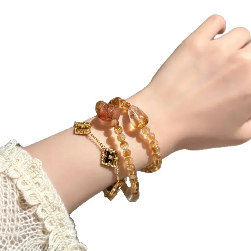 Natural Yellow Tower Crystal Duobao Double Ring Bracelet Design Sense Cyanite Green Hair Crystal Red Glue Flower Crystal