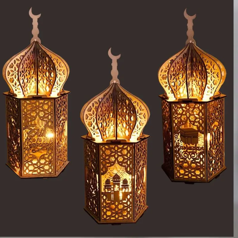 Eid Mubarak Light Festival musulmano Faro Islam Forniture per feste Artigianato in legno per decorazione del desktop della