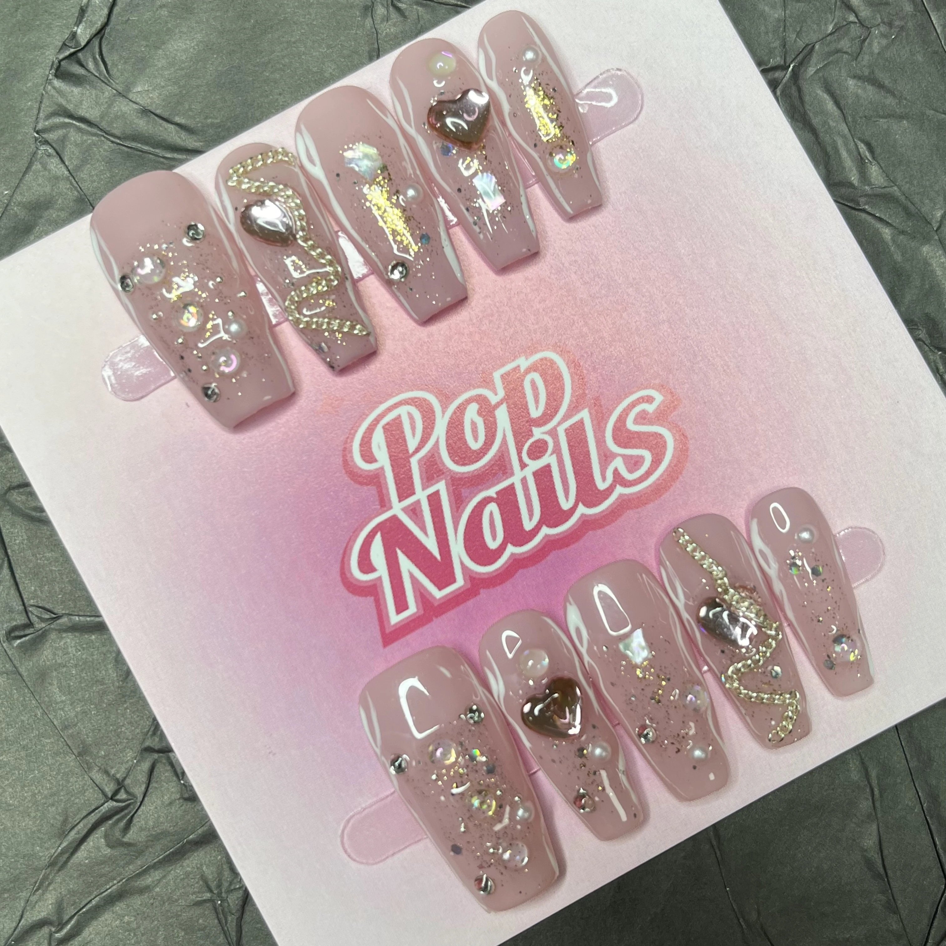 

10pcs Handmade Press on Nails Pink Heart 3D Giltter Pretty Press Ons Nail Art Acrylic Long Medium Coffin Pressons Reusable Nails
