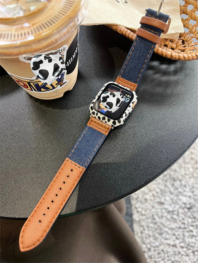 Denim Fabric Leather Strap For Apple Watch Band 38mm 45mm 42mm 41mm 44 40mm Boy Girl Leisure Bracelet For iwatch 7 6 SE 5 4 3 2