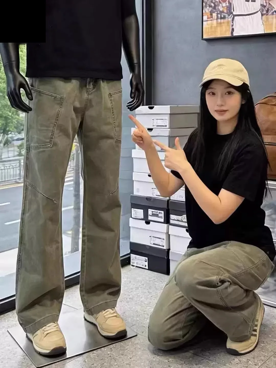 Military Green High Waist Straight Leg Workwear Pants Men's Summer Multi-Pocket American Retro Logging Casual Trousers