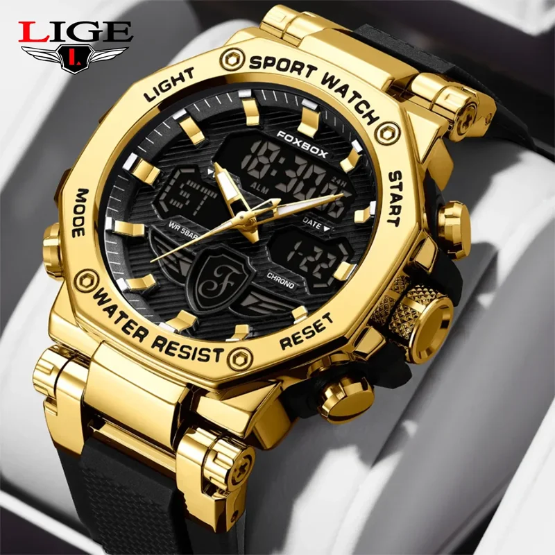 

FOXBOX Спортивные мужские часы Деловые мужские часы Цифровой двойной дисплей Водонепроницаемые светящиеся мужские кварцевые наручные часы из нержавеющей стали