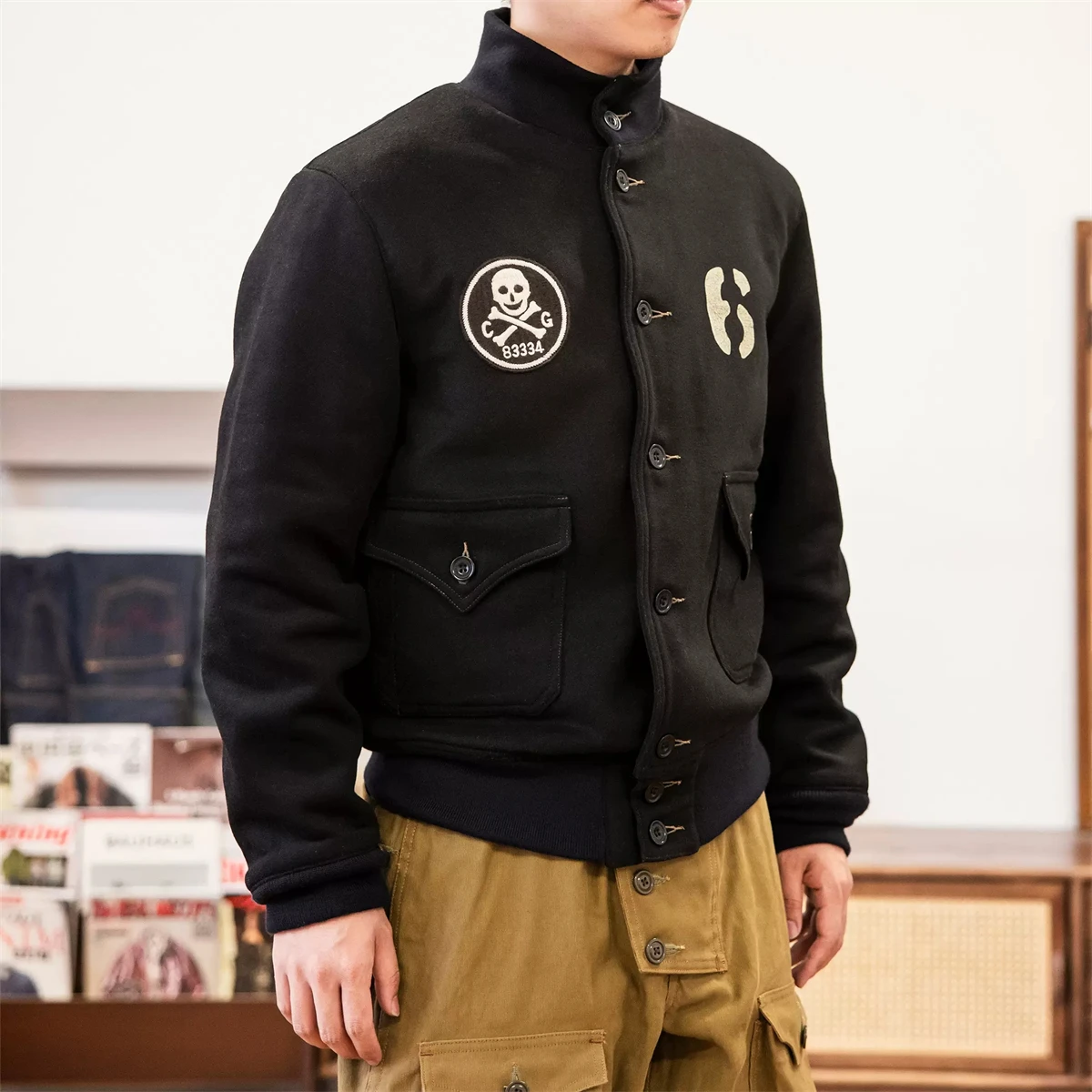 Red Tornado Type A-1 Wool Flight Jacket Heritage Style Men Short Outerwear Black