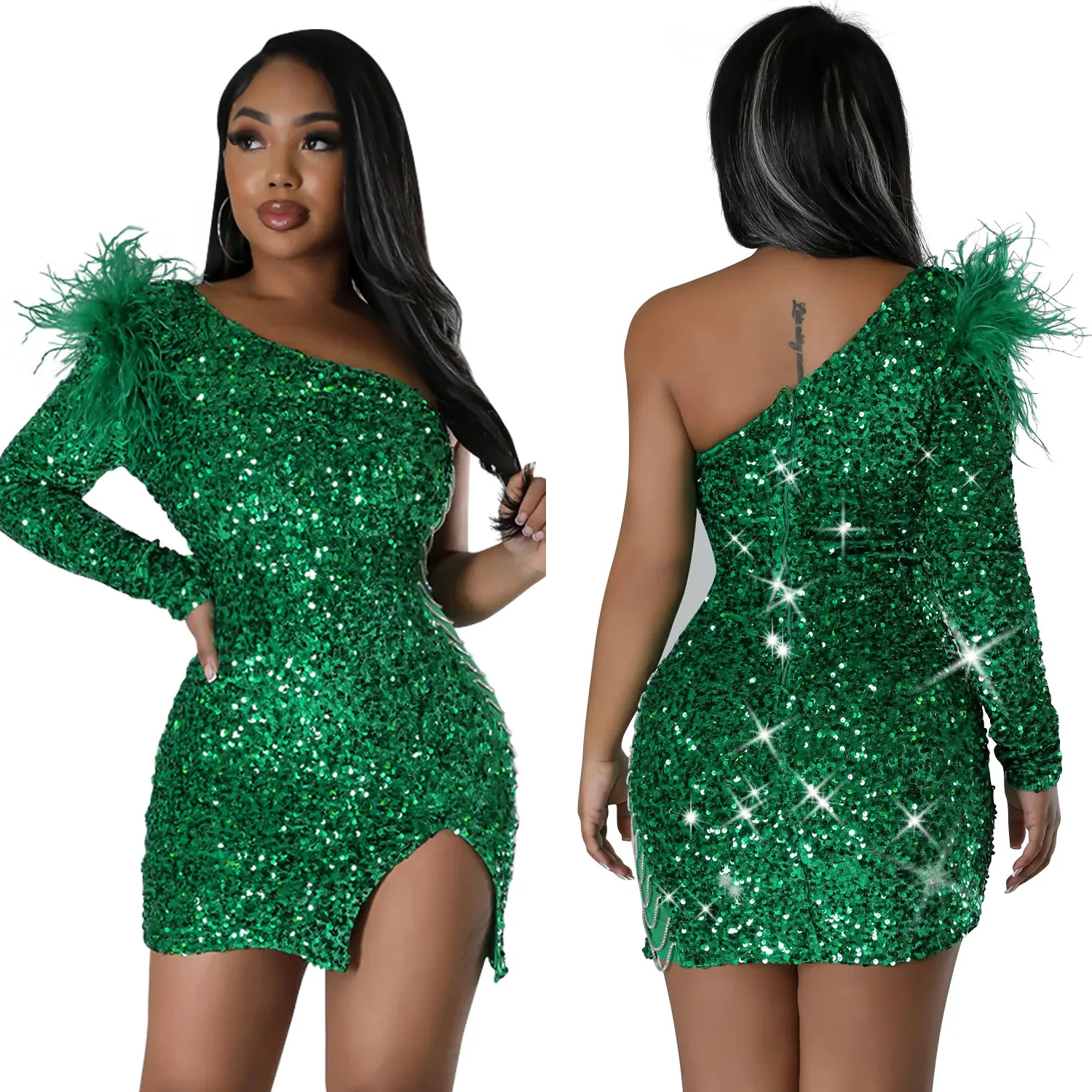 Sexy One Shoulder Feather Sequin Short Prom Slit Dress Party Evening Gowns Elegant Luxury Celebrity Night Club Bodycon Dresses