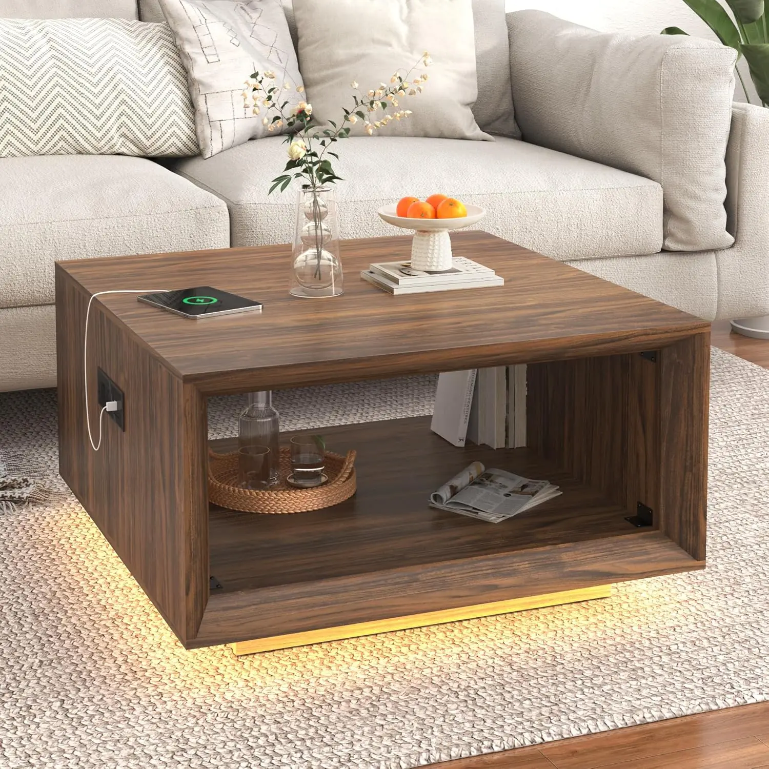 

32" Mid Century Modern Coffee Table for Living Room, Square Center Table with LED Light & Power Outlet, Cocktail, Customized