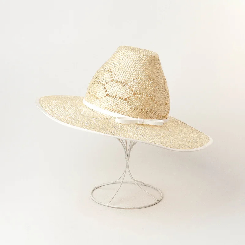 USPOP Spring Summer New Hollow Woven Pointed Top Bow Knot Wide Brim Sisal Straw Hat for Sun Protection Women Fashion Beach Hat