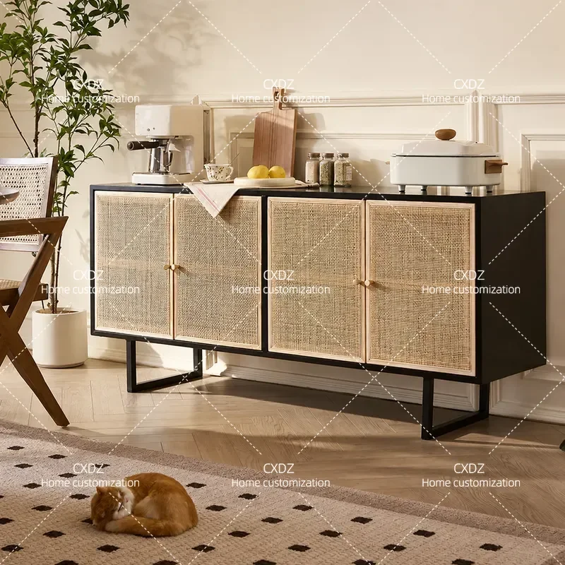 Nordic Rattan Dining Side Cabinet Simple Black Storage Unit Retro Home Solid Wood Furniture Large Capacity Four Door Cupboard