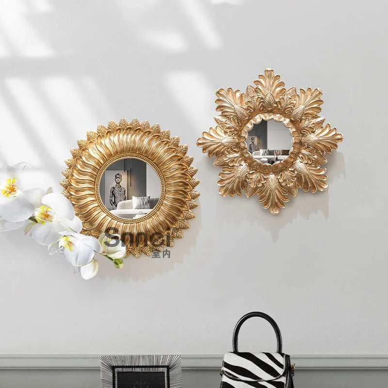 Resin Mirror Golden Embossed Photo Frame Picture Frame Home Homestay Wall Decoration Mirror Retro Feather Flower Shape Ornaments