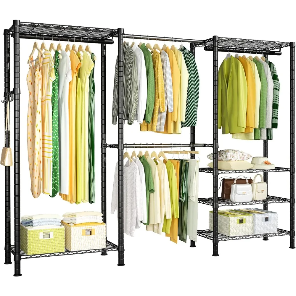 Heavy-duty wardrobe hanger with adjustable metal freestanding laundry storage with 4 hanger rods for easy wardrobe assembly