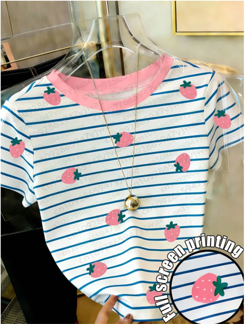 Women's O-Neck Striped Heart&Strawberry Print Casual Versatile Communicating Short Sleeve T-shirt Fashion Y2K Top Summer T-shirt