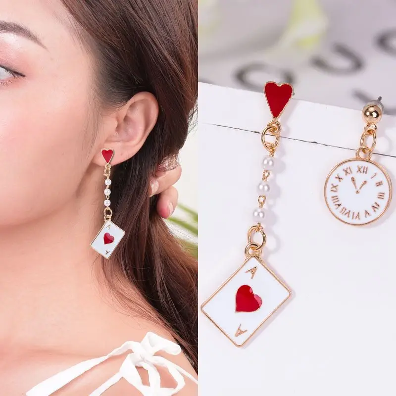 2pcs Fashion Red Heart Spades A Poker Clock Pendant Earrings for Women Girls Creative Jewelry Accessories Eardrop Birthday Gift