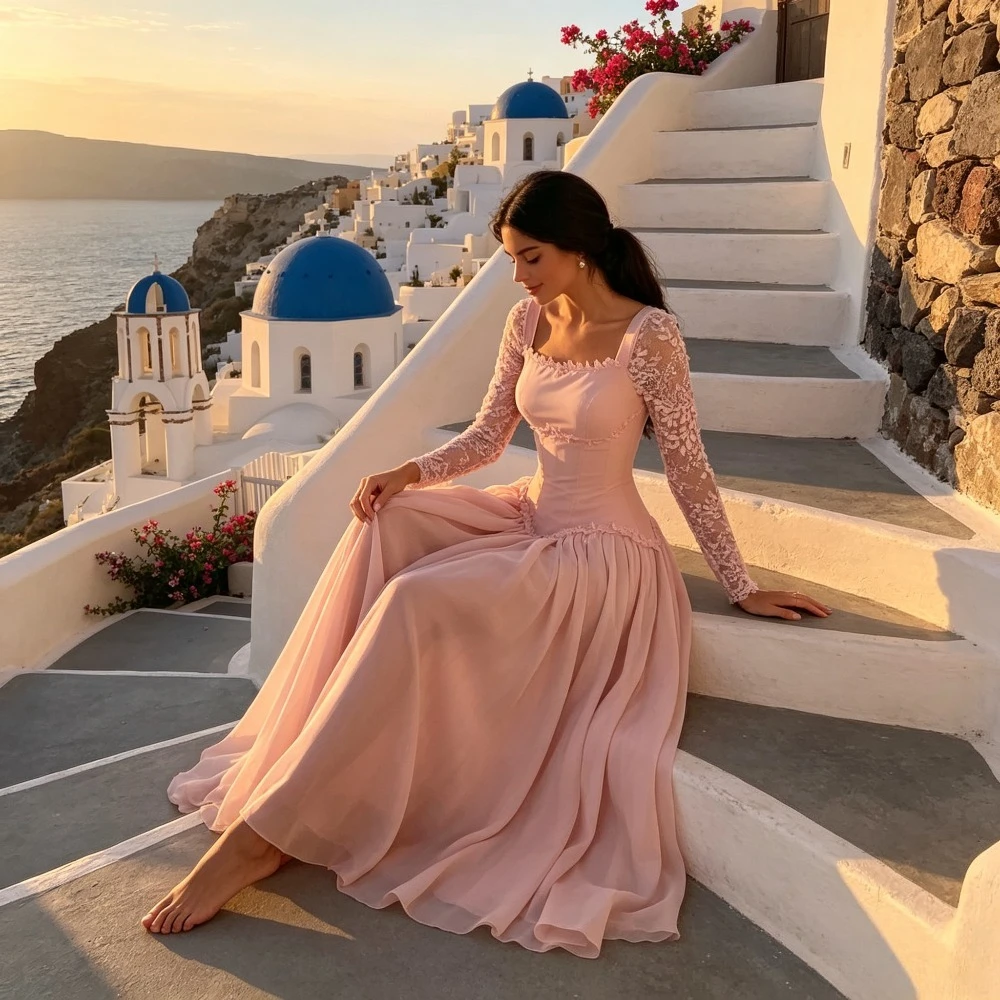 Customized Fashion Lace Long Sleeves Powder Blusher A Evening Dress 2026 Beaded Bra and Chiffon Ball Gown Suitable for Banquet