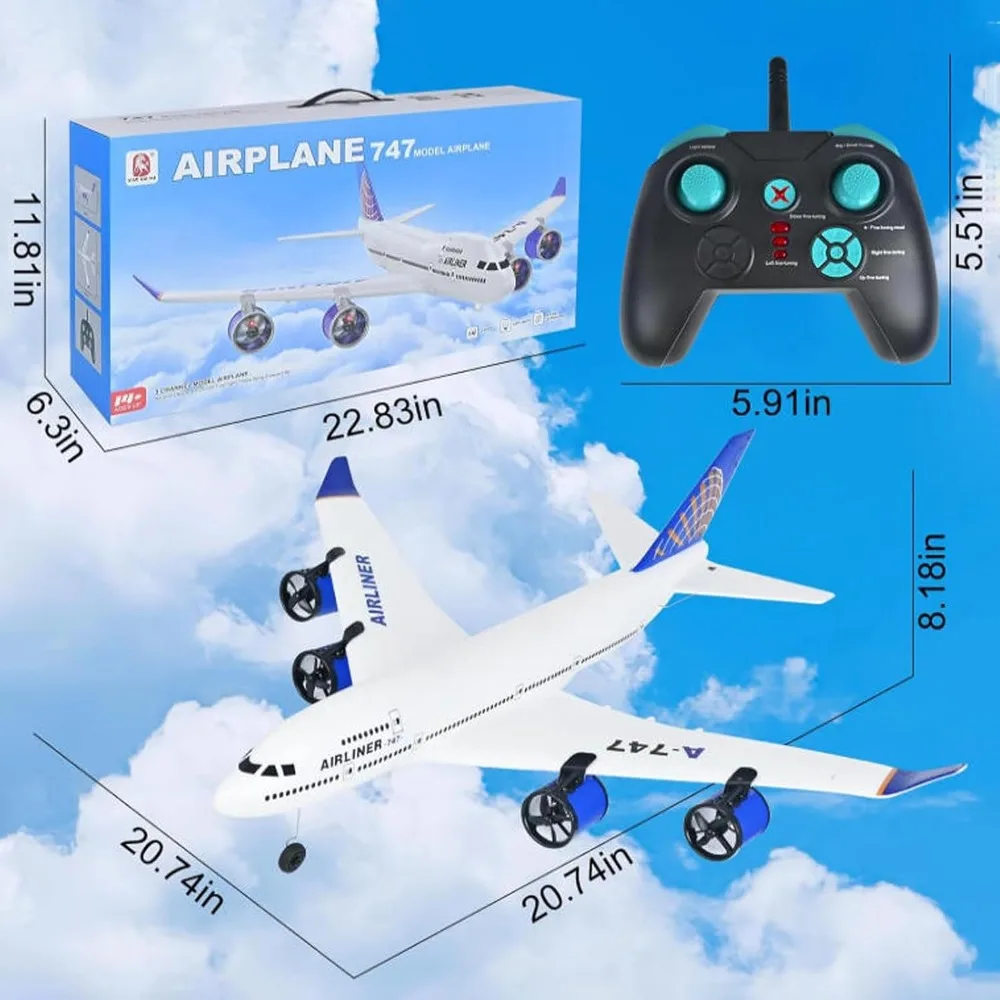 Juguete de avión de línea de espuma RC A-747 de 3 canales de 2,4 Ghz con luces LED y cuatro motores