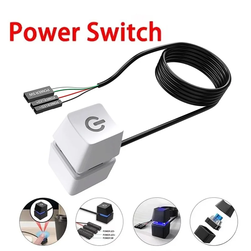 

Computer Desktop Power Switch Extension Cable PC Motherboard External Start Blue Led Light Power On/Off Button For Home Office
