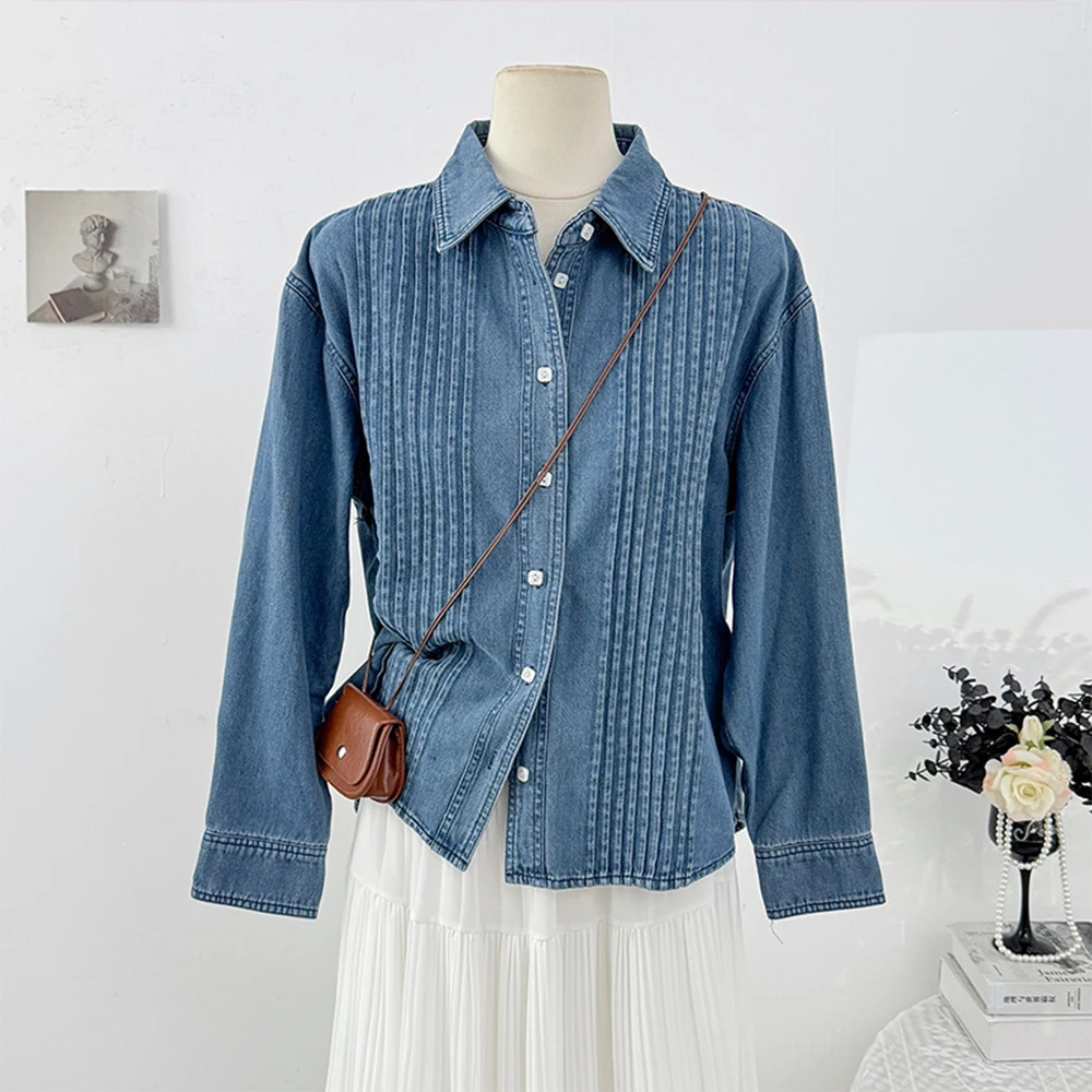 

Korean Pleated Design Denim Shirt Lapel Single Button Top Minimalist Style Denim Shirt Loose Blouse Spring Womens Clothing