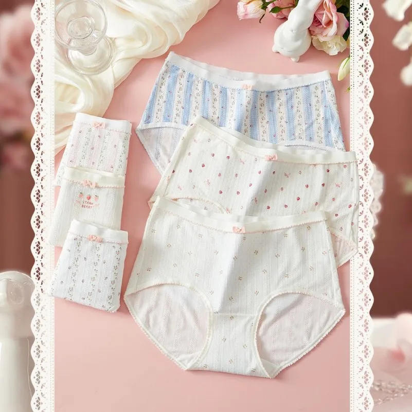 Pack of 6  One Size(45-67kg) Modal jacquard panties women's mid-waist 7A bacteriostatic bottom crotch sweet printed panties