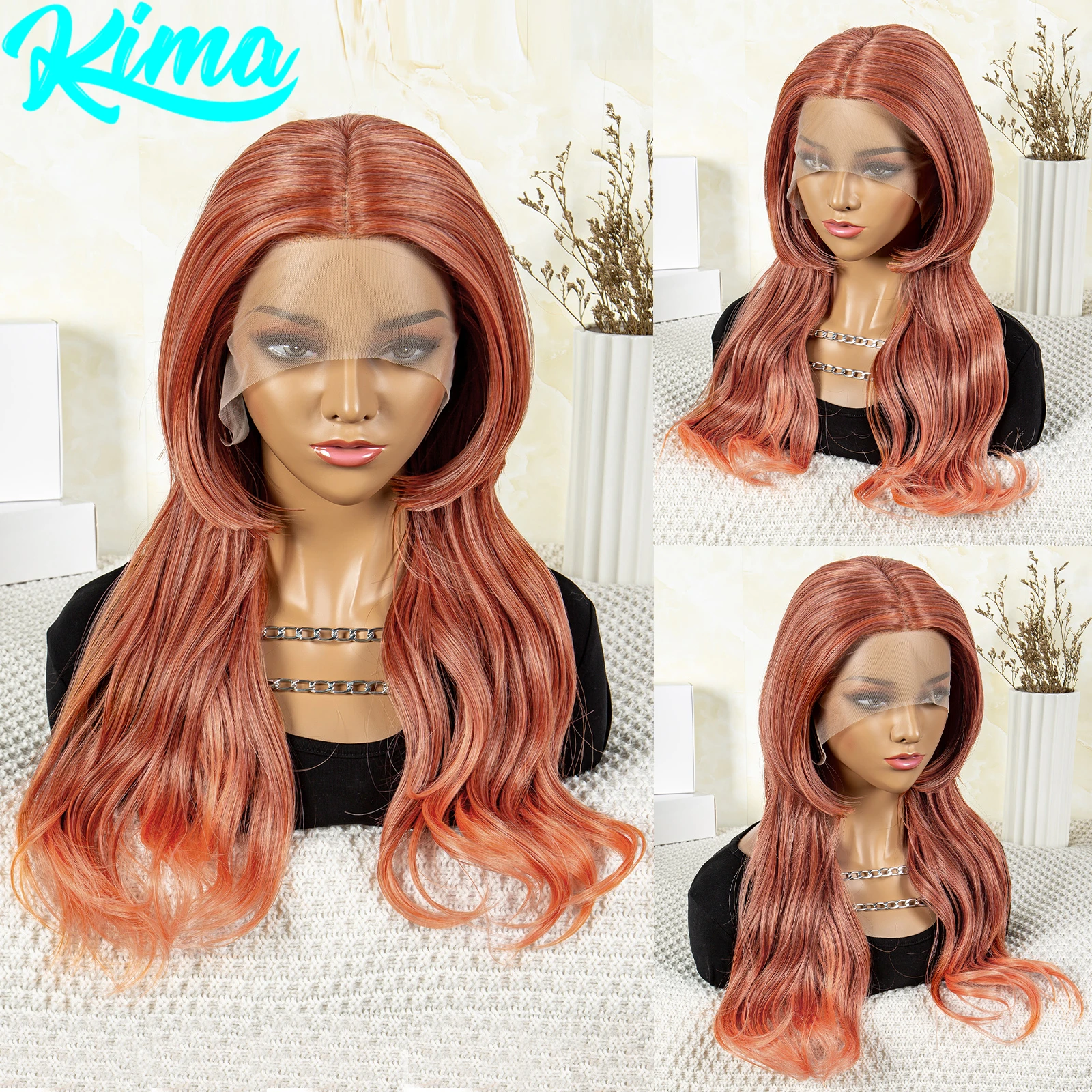

24 Inches Synthetic Hair Wigs Transparent Swiss Lace Front Hair Wigs Orange Red Long Wavy Hair Wigs for Black Women Daily Use