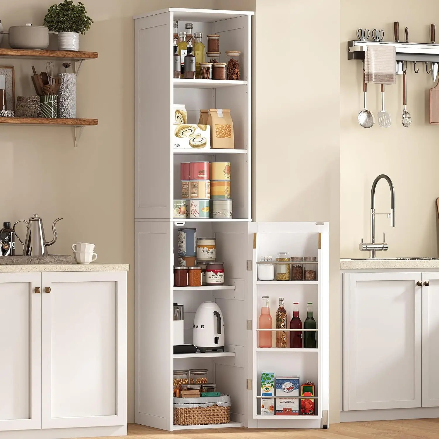 Tall Narrow Kitchen Pantry Storage Cabinet, Freestanding Food Organizer Cupboard, Slim Multi Tier Floor Tower With Adjustable Shelves And Door Racks For Dining Room Laundry Bathroom, Modern Clean White, 1 Piece