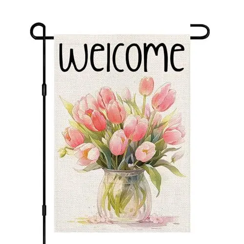 Spring Welcome Garden Flag for Outside 12x18 Inch Double Sided Burlap, Pink HHJ LLG