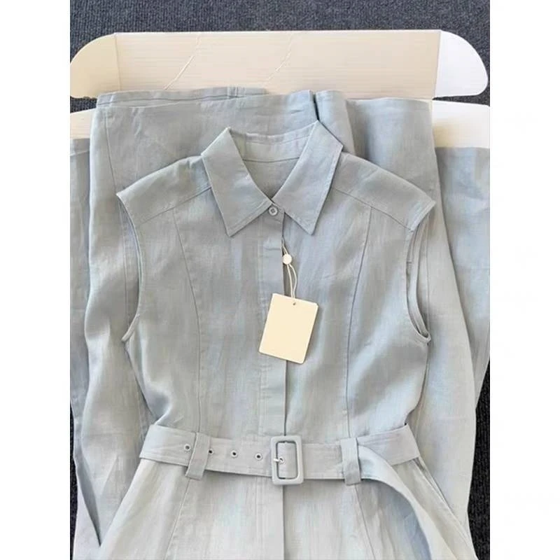 夏エレガントな女性の新しいブルースリネンシャツドレスベルト Sleevelsss ハイウエスト A ラインカジュアルドレスミディ Vestidos T145