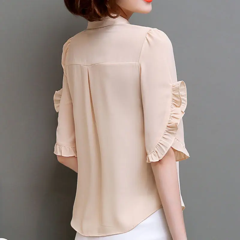 Women Summer Simplicity Loose Elegant Ruffles Solid Color Peter Pan Collar Short Sleeve Chiffon Shirts Ladies Casual Trend Tops