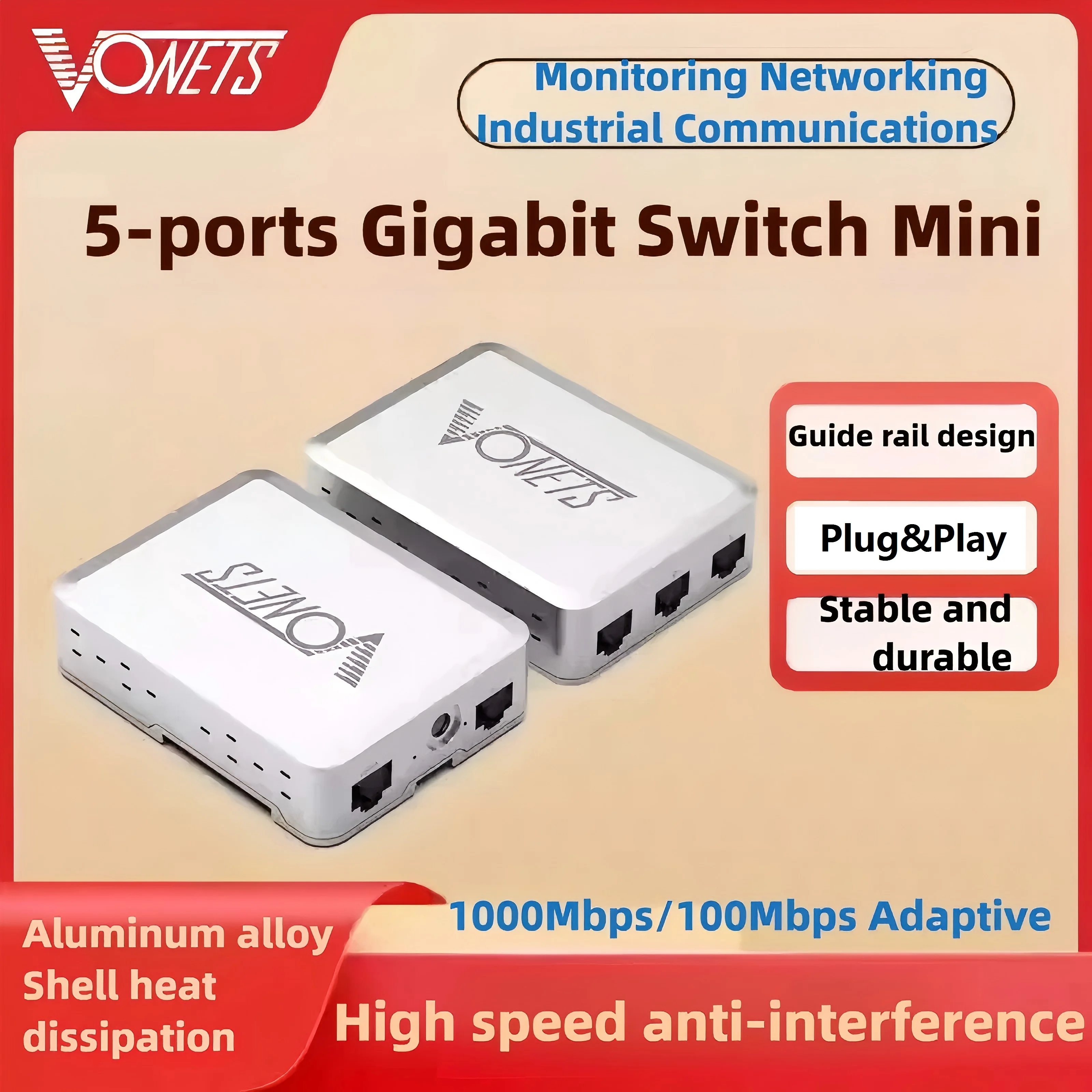 

VONETS Industrial 5 Ports Gigabit Switch Ethernet Network Switch RJ45 Ethernet Splitter Plug&Play Metal 1000Mbps VS500