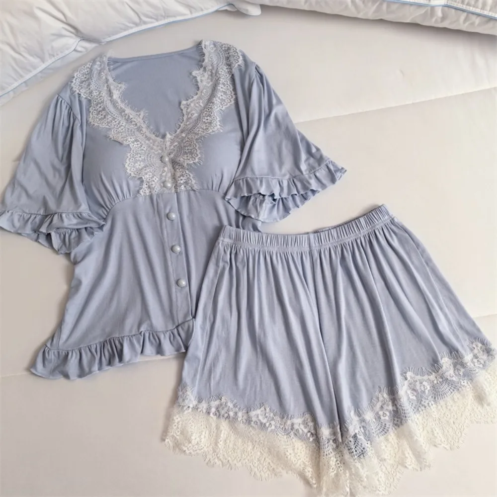 

Летний комплект из двух предметов: женская пижама с коротким рукавом, топ с V-образным вырезом на пуговицах, домашняя одежда, пижама для женщин