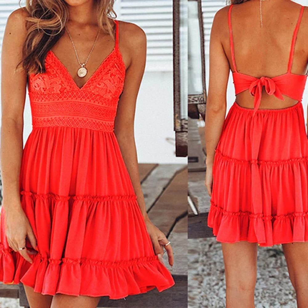 レディース サマーワンピース セクシー フレンチ プレーン ノースリーブ プランジネック ミニ丈 Aライン バケーション イブニングドレス