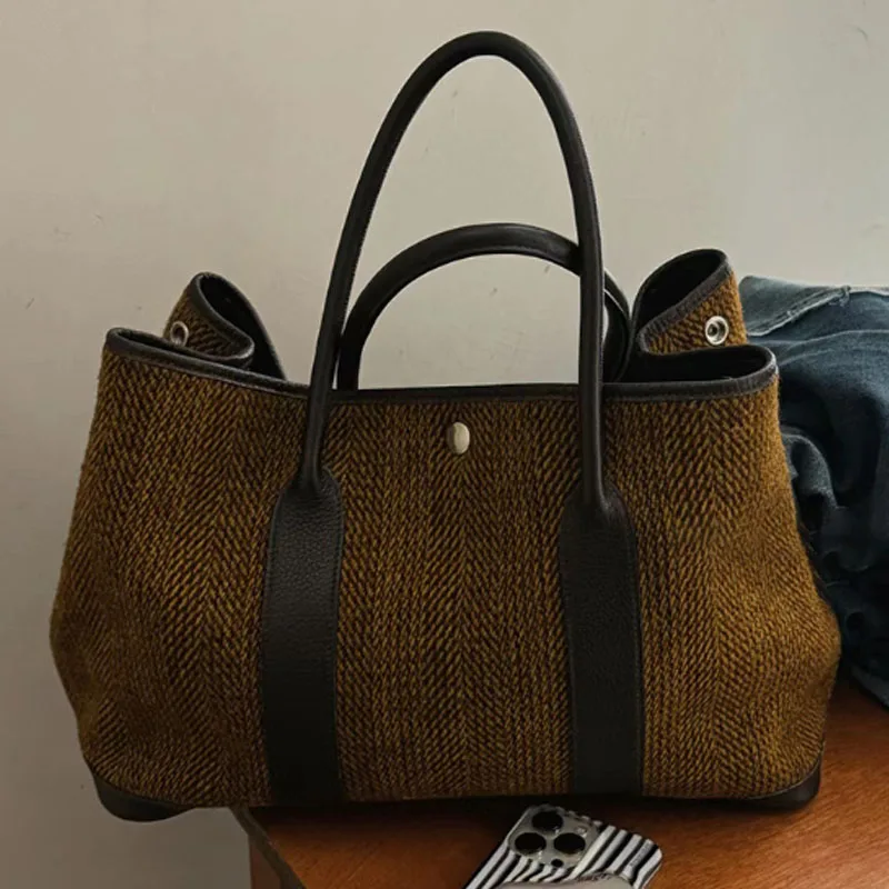 Vintage Woolen Casual Women Handbag Tote Bag Women Bag 2024 New Large Capacity Shoulder Bag