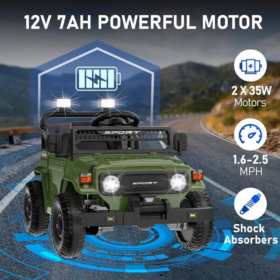 รถยนต์ไฟฟ้าสำหรับเด็กผู้ชาย ขับเคลื่อนด้วยแบตเตอรี่ 12V พร้อมรีโมทคอนโทรล รุ่น Jeep สำหรับเด็กอายุ 3-5 ปี พร้อมระบบกันสะเทือนแบบสปริง บลูทูธ เพลง และไฟ LED