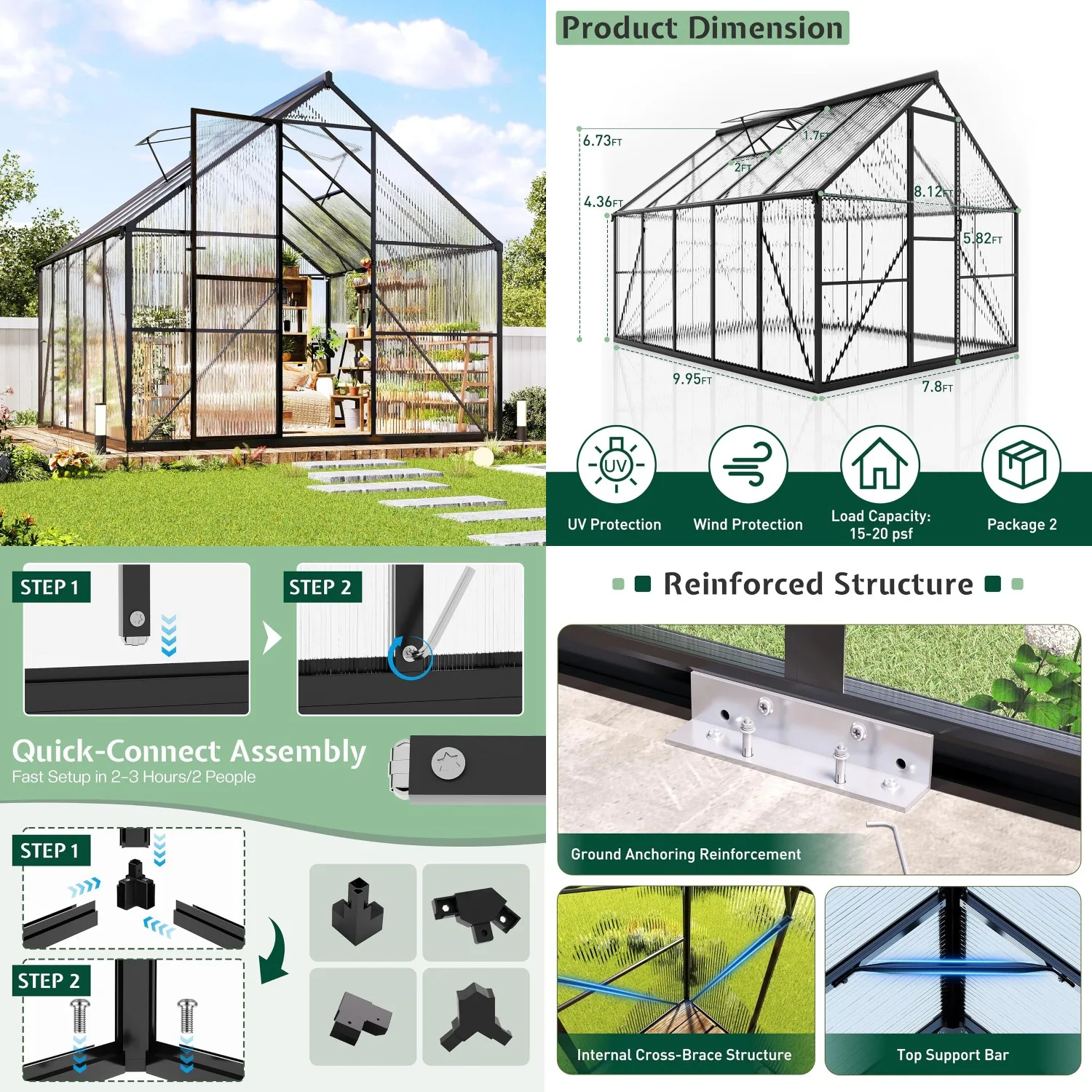 

8x10Ft Polycarbonate Greenhouse Heavy Duty Aluminum Frame 2 Windows Swing Door Outdoor Garden Backyard Black Customized
