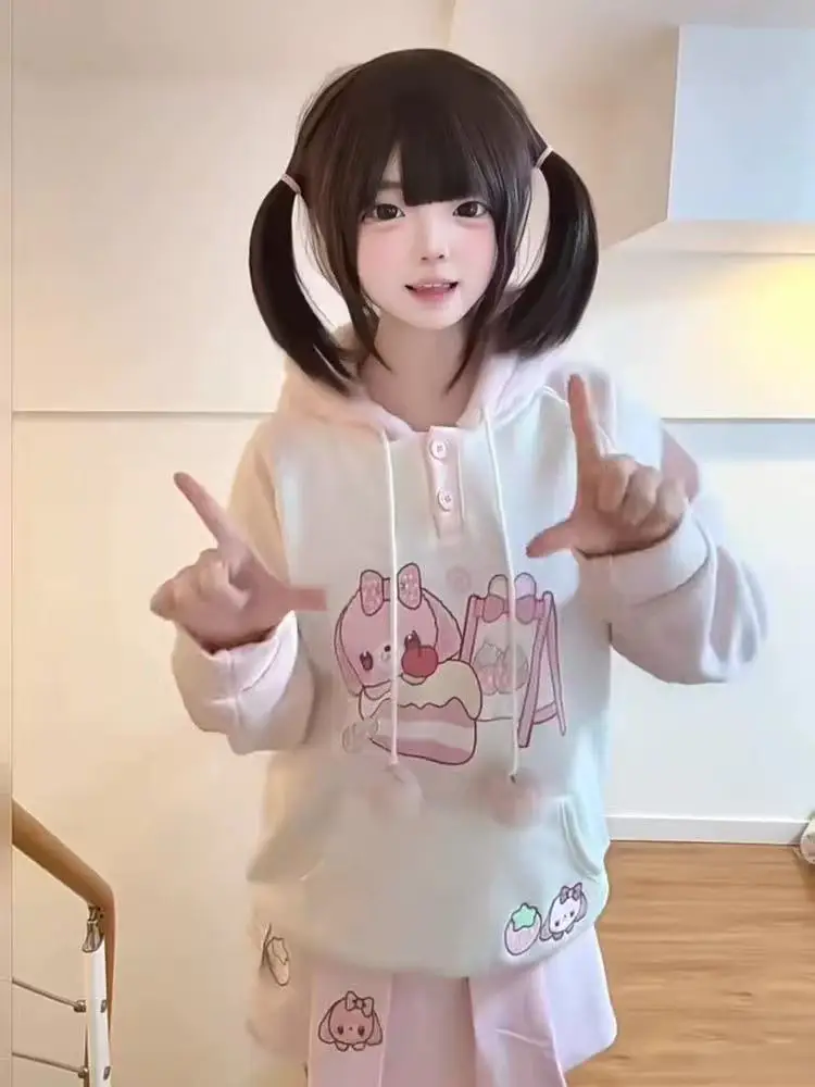 Cute Lolita Girls Kawaii Cinnamoroll Fluffy Fleece Hoodie Half Button Color Block Pom-Pom Cartoon Print Co-Ord Casual Sweatshirt