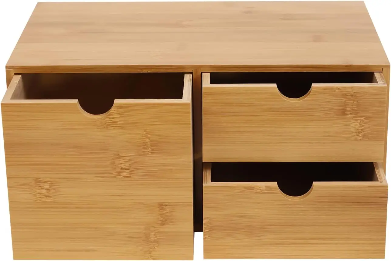 레트로 데스크 정리함, 3단 서랍이 있는 대나무 데스크탑 수납함, 33 x 19 x 16 cm, 가정 및 사무실용 소형 사무실 선반